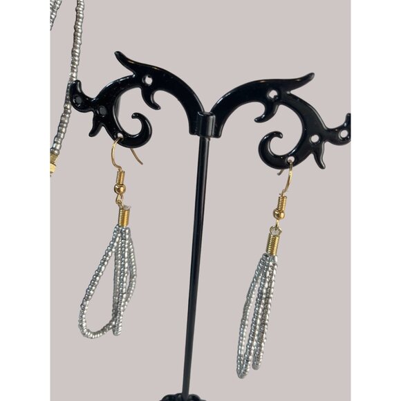 Seed Bead Gold Silver 7 Strand Waterfall Necklace Earring Set 9" Drop - Picture 2 of 6